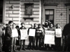 Demonstration of refuseniks on the Isaac (Senate) Square devoted to the “azkara” (30 days after death) for long-term refusenik Yuri Shpeizman who died in Vienna on his way to Israel. From the left: ?, Alexander Yampolsky, Irina Alievskaya, Lev Furman, Vladimir Lifshitz, Leonid Kelbert, Michael Makushkin?, ?, ?, Boris Lifshitz?, Mark Budnyatsky. Leningrad, June 10, 1987. co RS
