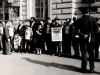 Demonstration of refuseniks on the Isaac (Senate) Square devoted to the “azkara” (30 days after death) for long-term refusenik Yuri Shpeizman who died in Vienna on his way to Israel. From the left: 1st row - Goldberg?, Irina Alievskaya, Mark Reznik, Elena Reznik, Rita Gimmelshten, Alexander Yampolsky, Lev Furman, Leonid Kelbert, Nikita Dyomin (Avrum Shmulevich); 2nd row - Boris Lokshin?, Natan Rodzin (behind Yampolsky). Leningrad, June 10, 1987. co RS