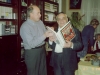Isi Leibler presenting  prof. Lerner with book on Jewish art.  In the background Natasha Khasin and Yuli Kosarovsky. Moscow, September 29, 1987