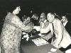 Enid Wurtman accepting honorable membership in Hebrew Teachers Association for refusenik Hebrew teacher Yuli Kosharovsky from President of Israel, Chaim Herzog; Yitzchak Navon, Avraham Harman, Jerusalem, April 14, 1986