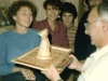 Refuseniks with presents for Israeli delegation, Moscow, September 1985. Tania Edelstein presents a gift to Moshe Melamed