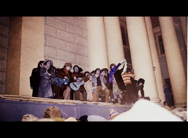 Simhat Torah near synagogue, singing groap on the portico under the direction of Leonid Volvosky Simhat Torah near synagogue, singing groap on the portico under the direction of Leonid Volvosky
